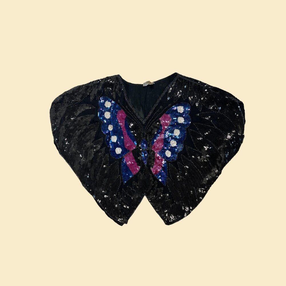 1980s butterfly blouse, vintage silk/rayon beaded butterfly shaped womens top